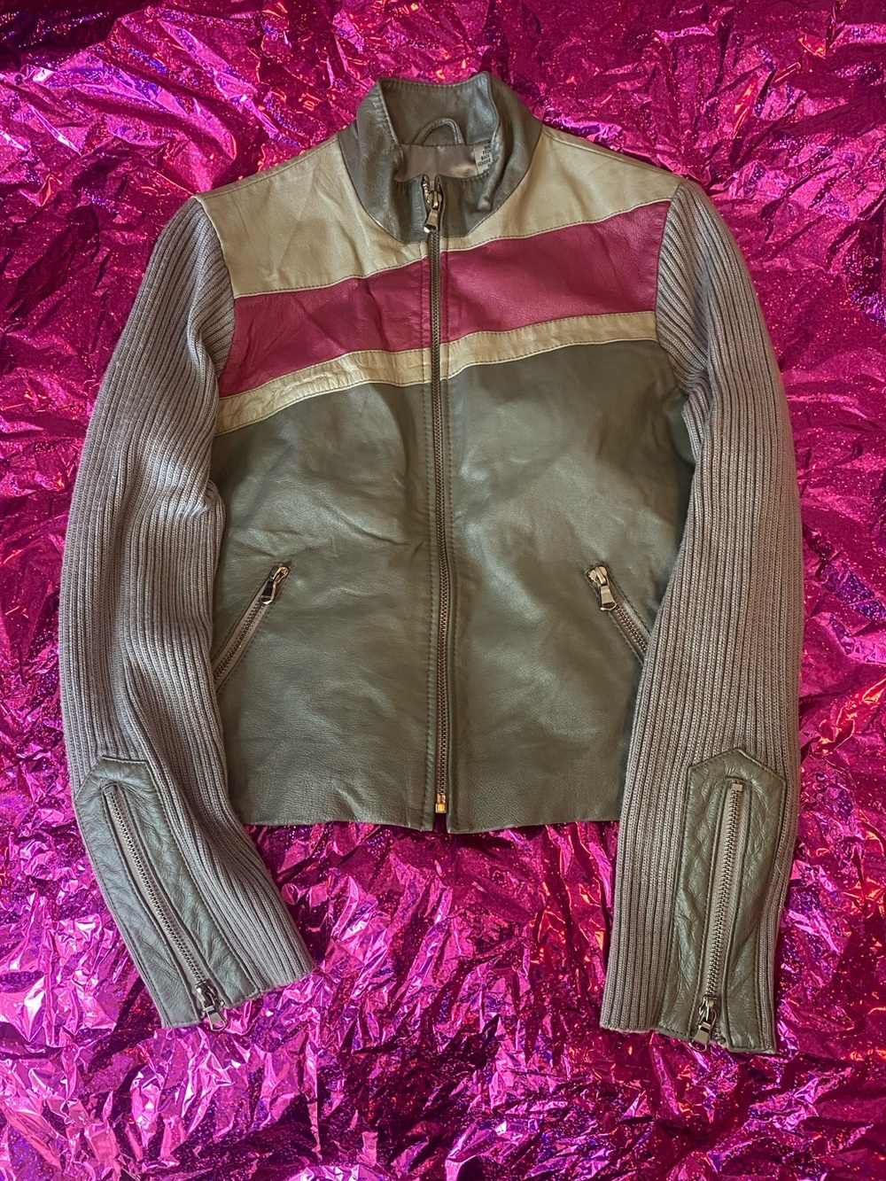 Women’s Vintage 90’s Grey & Pink Zip-Up Leather Jacket